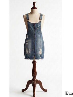 Dollhouse Juniors Distressed Denim Overall Dress Zip Front Size 13